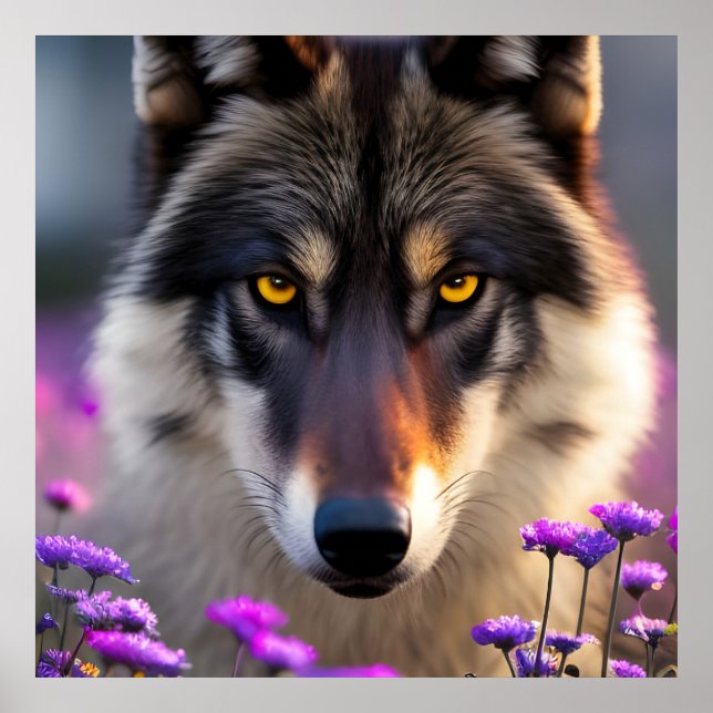 Grey wolf Stare - pink and purple flowers   Poster (Front)
