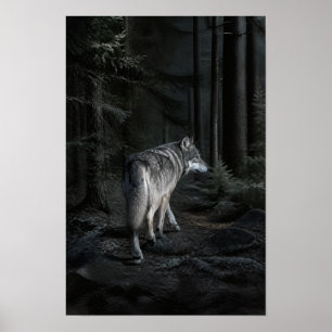 Grey Wolf Walking Through Dark Forest Wildlife Wal Poster