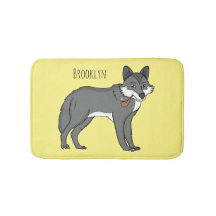 Grey wolf with pipe cartoon illustration bath mat