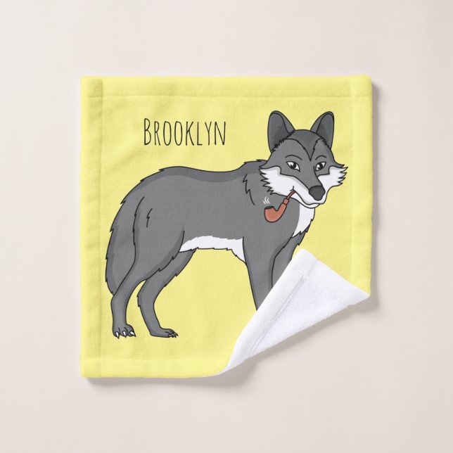 Grey wolf with pipe cartoon illustration bath towel set (Wash Cloth)