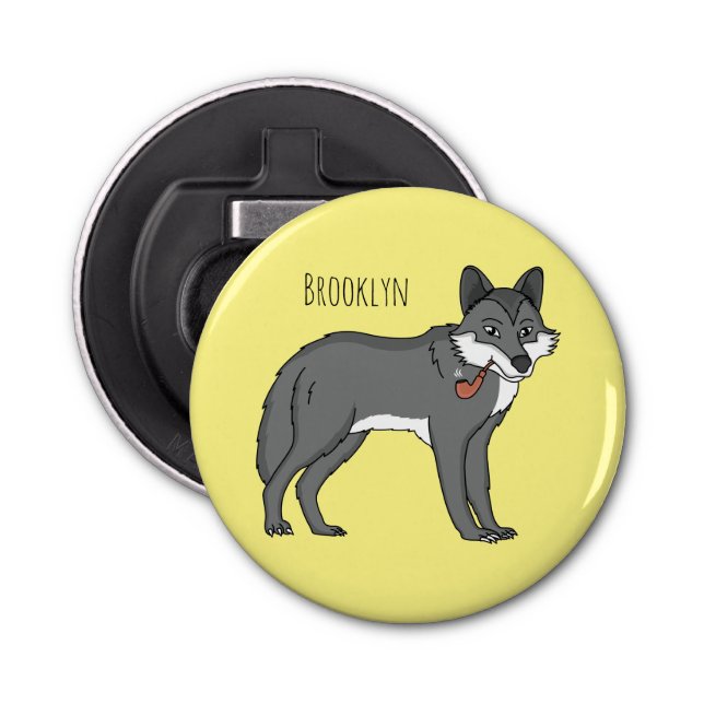 Grey wolf with pipe cartoon illustration bottle opener (Front)