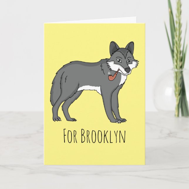 Grey wolf with pipe cartoon illustration card (Front)
