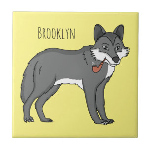 Grey wolf with pipe cartoon illustration ceramic tile