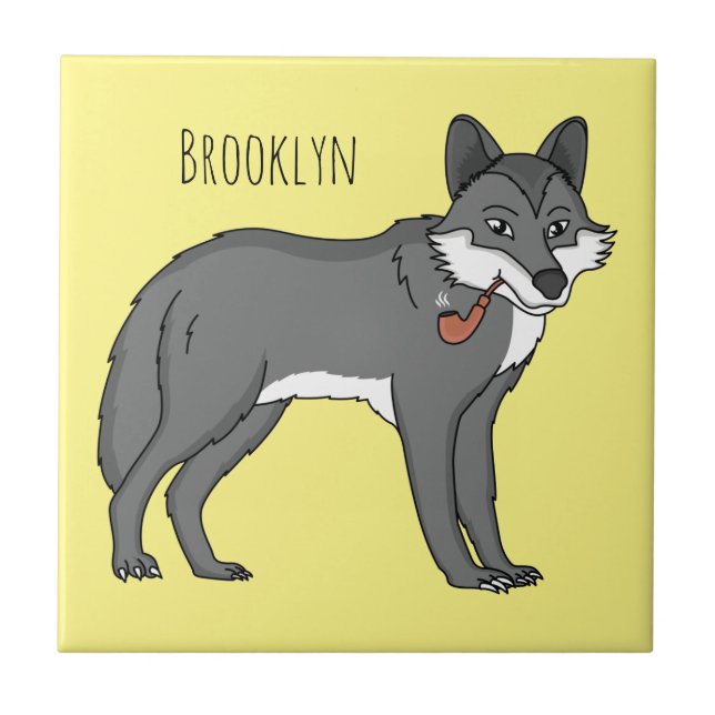 Grey wolf with pipe cartoon illustration ceramic tile (Front)