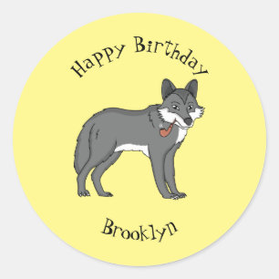 Grey wolf with pipe cartoon illustration classic round sticker