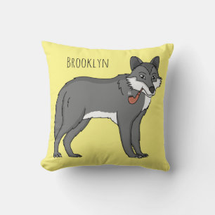 Grey wolf with pipe cartoon illustration cushion