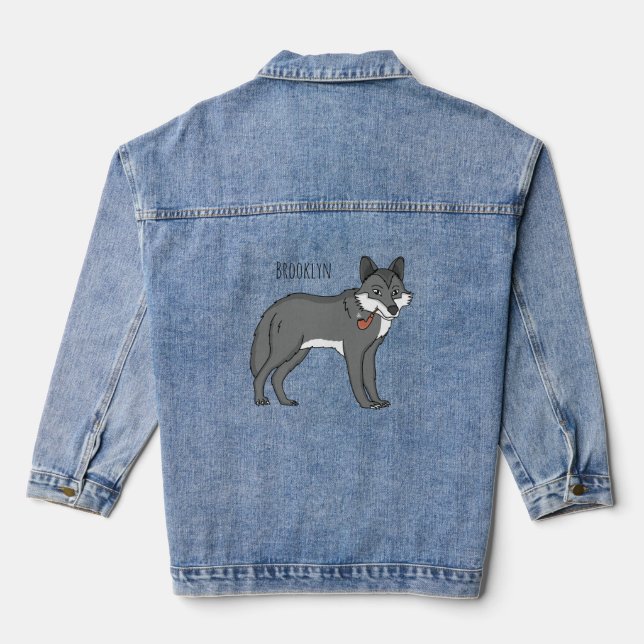 Grey wolf with pipe cartoon illustration  denim jacket (Back)