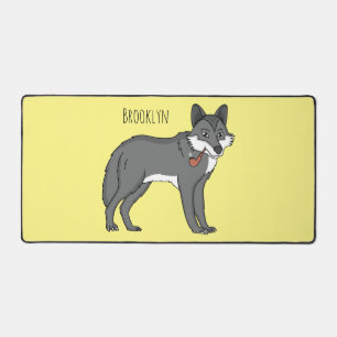 Grey wolf with pipe cartoon illustration desk mat