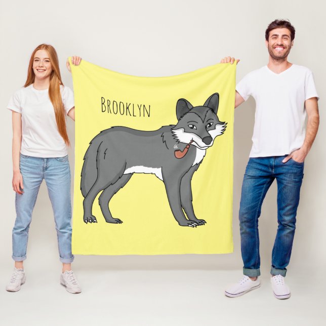 Grey wolf with pipe cartoon illustration fleece blanket (In Situ)