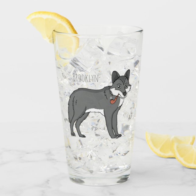 Grey wolf with pipe cartoon illustration glass (Front Ice)