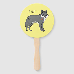 Grey wolf with pipe cartoon illustration hand fan