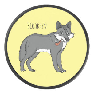 Grey wolf with pipe cartoon illustration hockey puck