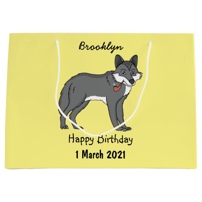 Grey wolf with pipe cartoon illustration large gift bag (Front)