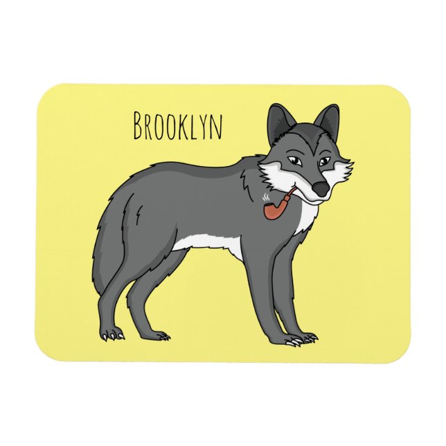 Grey wolf with pipe cartoon illustration magnet (Horizontal)
