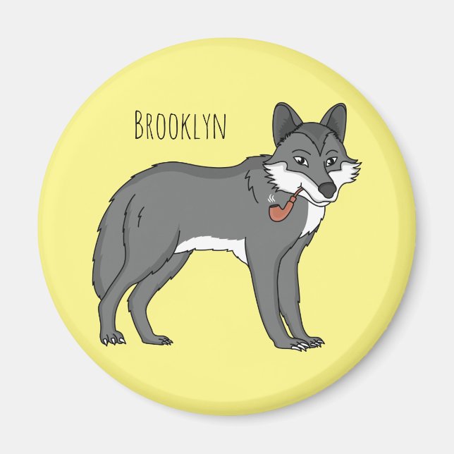 Grey wolf with pipe cartoon illustration magnet (Front)