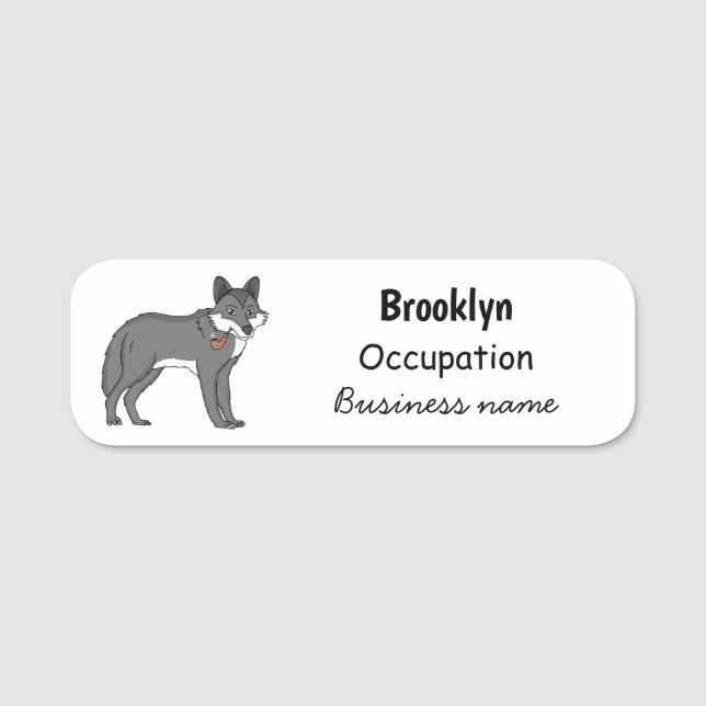 Grey wolf with pipe cartoon illustration name tag (Front)