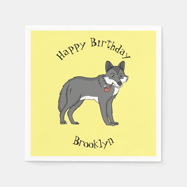 Grey wolf with pipe cartoon illustration napkin (Front)