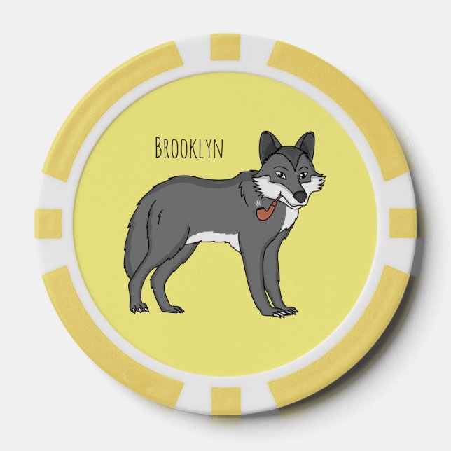 Grey wolf with pipe cartoon illustration  poker chips (Front)