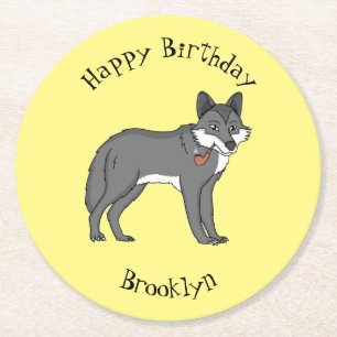 Grey wolf with pipe cartoon illustration round paper coaster