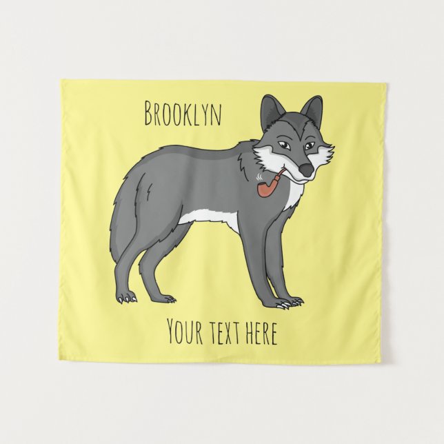 Grey wolf with pipe cartoon illustration tapestry (Front (Horizontal))