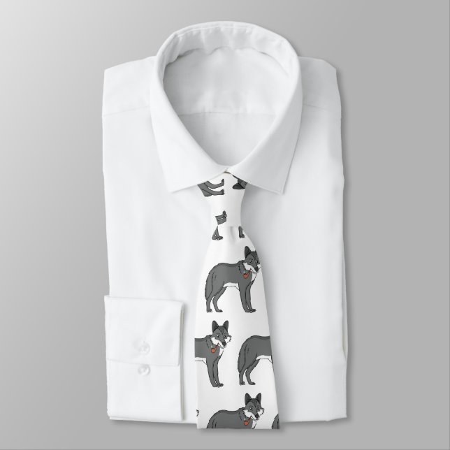 Grey wolf with pipe cartoon illustration tie (Tied)