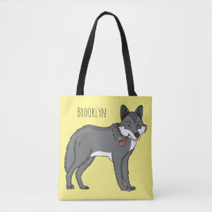 Grey wolf with pipe cartoon illustration tote bag