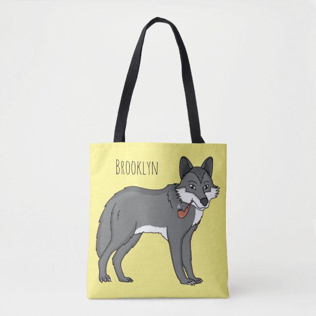 Grey wolf with pipe cartoon illustration  tote bag (Front)