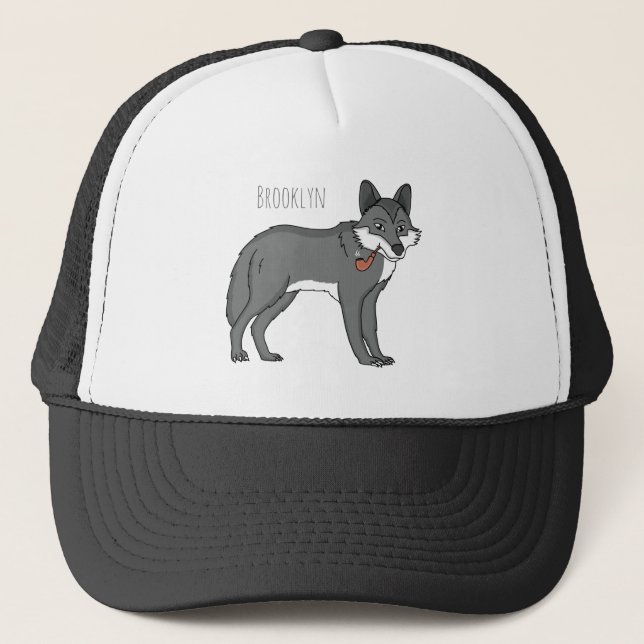 Grey wolf with pipe cartoon illustration trucker hat (Front)