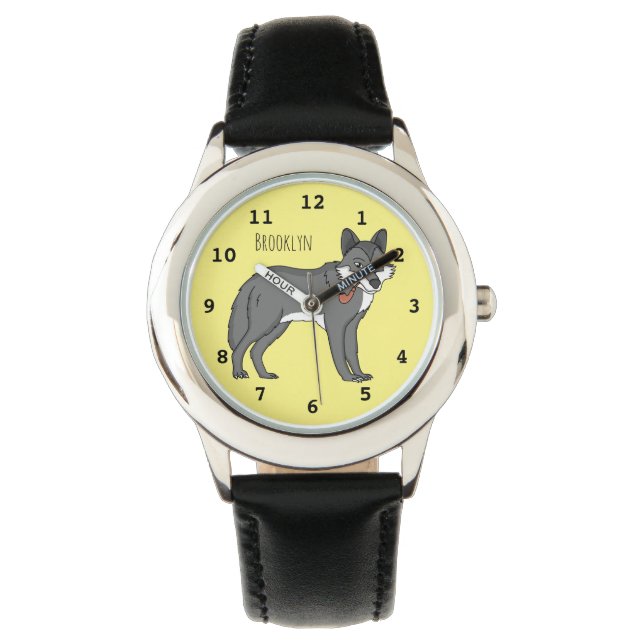 Grey wolf with pipe cartoon illustration watch (Front)