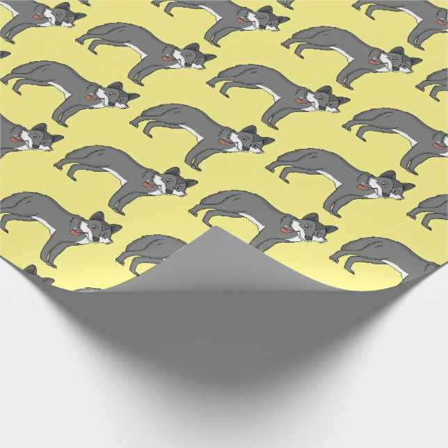 Grey wolf with pipe cartoon illustration wrapping paper (Corner)