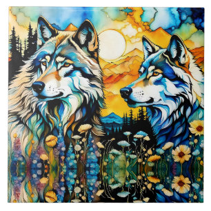 Grey wolves and Wildflowers Ceramic Tile