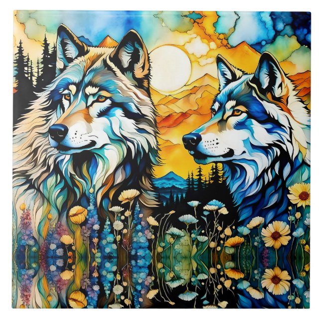 Grey wolves and Wildflowers Ceramic Tile (Front)