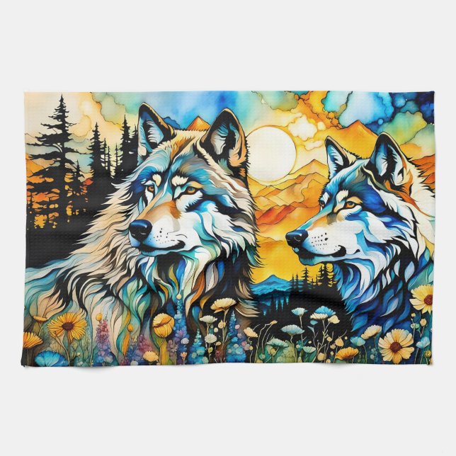 Grey wolves and Wildflowers Tea Towel (Horizontal)