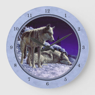 Grey Wolves in Winter Sky Blue Large Clock