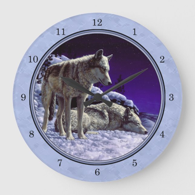 Grey Wolves in Winter Sky Blue Large Clock (Front)