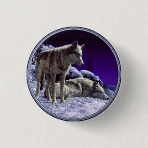 Grey Wolves in Winter Snow at Night 3 Cm Round Badge