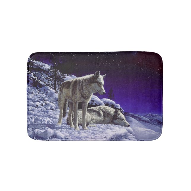Grey Wolves in Winter Snow at Night Bath Mat (Front)