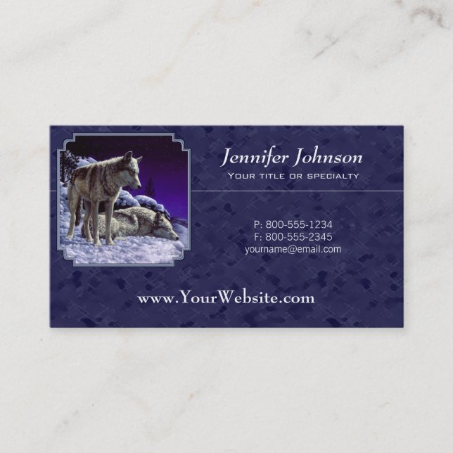 Grey Wolves in Winter Snow at Night Business Card (Front)