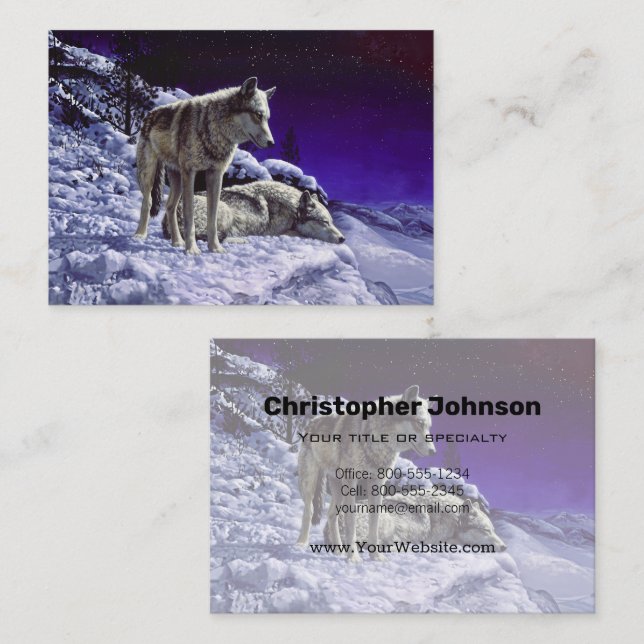 Grey Wolves in Winter Snow at Night Business Card (Front/Back)