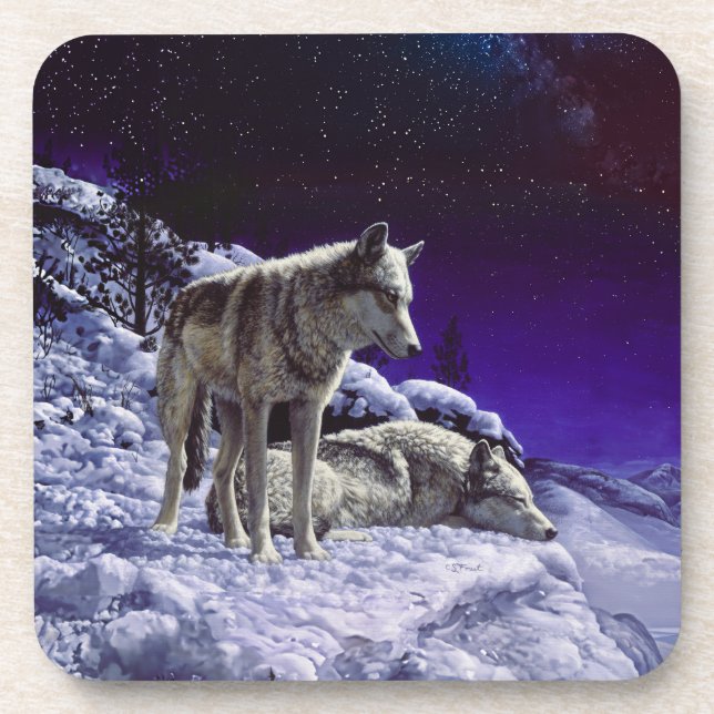 Grey Wolves in Winter Snow at Night Coaster (Front)