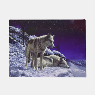 Grey Wolves in Winter Snow at Night Doormat