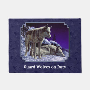Grey Wolves in Winter Snow at Night Doormat