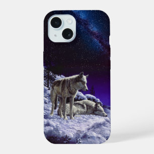 Grey Wolves in Winter Snow at Night iPhone 15 Case