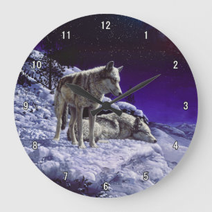 Grey Wolves in Winter Snow at Night Large Clock