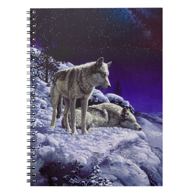 Grey Wolves in Winter Snow at Night Notebook (Front)