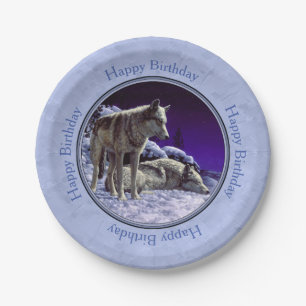 Grey Wolves in Winter Snow at Night Paper Plate