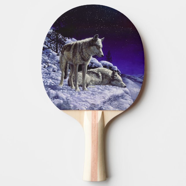 Grey Wolves in Winter Snow at Night Ping Pong Paddle (Front)