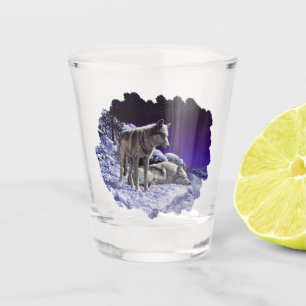 Grey Wolves in Winter Snow at Night Shot Glass