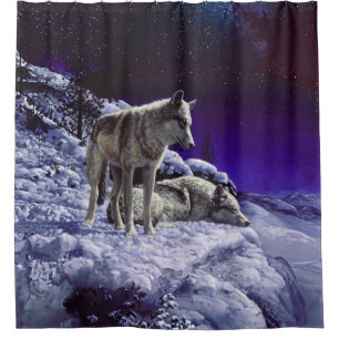 Grey Wolves in Winter Snow at Night Shower Curtain