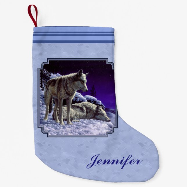Grey Wolves in Winter Snow at Night Small Christmas Stocking (Front)